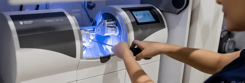 A person working on a CEREC MC XL machine in a dental office.